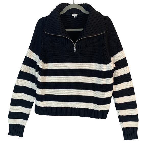 Kule The Matey Sweater S Black Cream Stripe Boxy Fit Nautical Style Quarter Zip